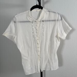 Vintage 50s/60s Judy Bond Ivory Sheer Nylon Button Up Blouse Size 36